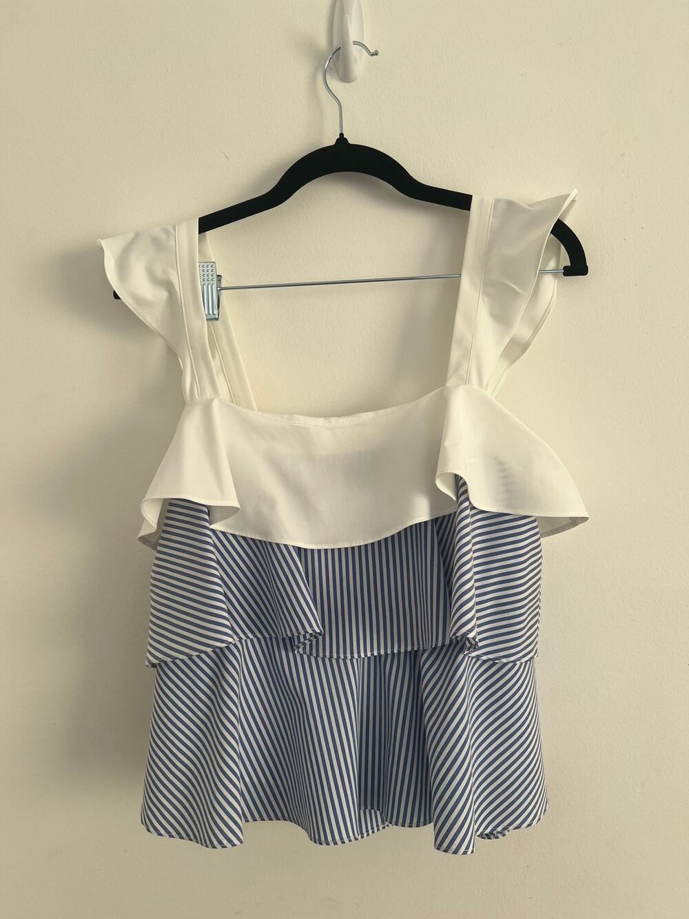 Lucy Paris Blue & White Striped Ruffle Peplum Top Small Preppy Coastal Coquette